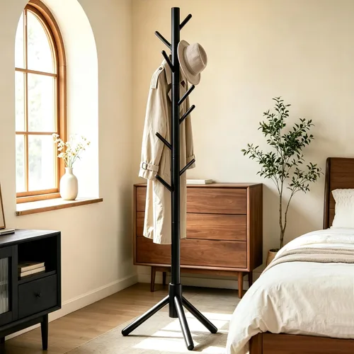 Miniatura 7 de Perchero de madera maciza independiente, árbol de pino de Nueva Zelanda con 8 ganchos y 3 tamaños ajustables para abrigos, sombreros, bolsos