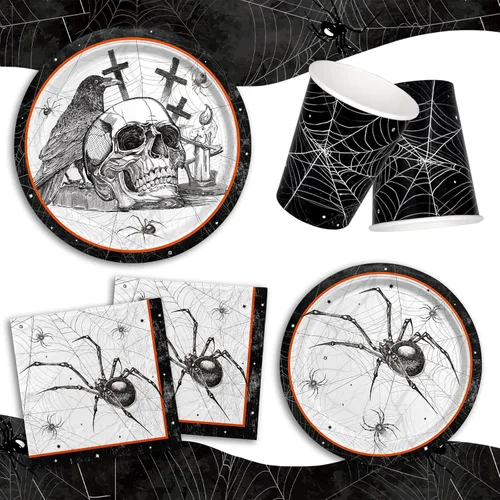 Miniatura 3 de Suministros de fiesta de Halloween con telas de araña: con temas de calavera y araña, platos de papel de tela malvada todo incluido, servilletas