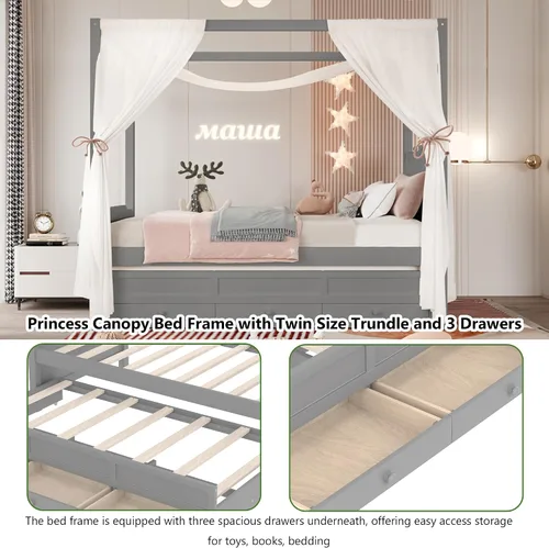 Miniatura 3 de Bellemave Base de cama con dosel de tamaño individual con cabecera tapizada princesa, nido doble extraíble y 3 cajones de almacenamiento, cama