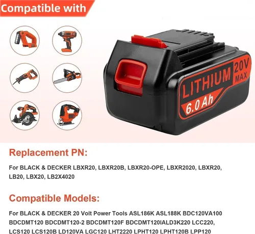Miniatura 2 de ARyee Reemplazo de 20 V 6.0 Ah para batería de litio Black and Decker de 20 V compatible con batería de litio Black & Decker de 20 V LB20 LBX20