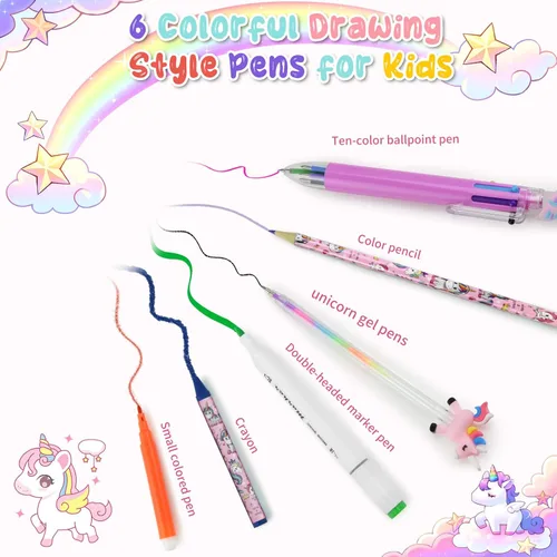 Miniatura 3 de JAMIEWIN Juego de marcadores con estuche de lápices de unicornio con purpurina, kit de 59 piezas de suministros de arte y manualidades para niños