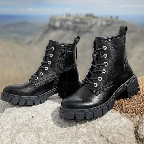 Miniatura 3 de Vepose Botines de combate 9626 para mujer, plataforma con cordones y tacón grueso con cremallera lateral