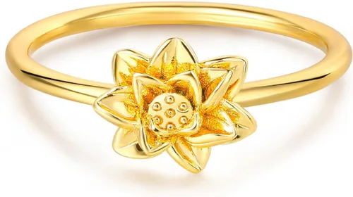 GNIRTSI Anillo de oro con flor de nacimiento para mujer, chapado en oro de 14 quilates, minimalista, apilable, banda fina, talla 6-8
