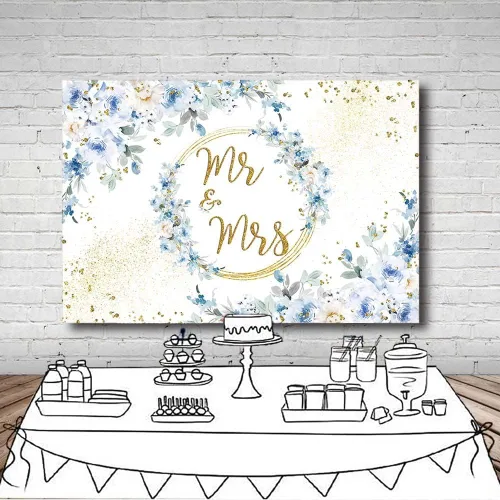 Miniatura 4 de MEHOFOND Telón de fondo floral azul de 7 x 5 pies para decoración de fiesta de compromiso para parejas, bodas, puntos dorados con purpurina, fondo