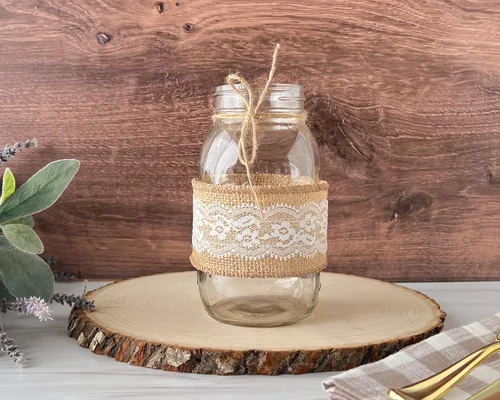 Miniatura 2 de Set of 12 Burlap and Lace Sleeves for Mason Jars, Sleeves and Twine ONLY, Jars NOT Included, Burlap Mason Jar Wraps, Shabby Chic Centerpieces for