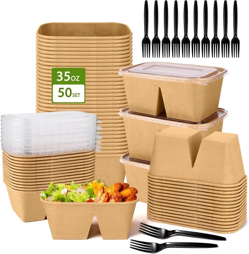 Miniatura 7 de DI QIU REN Paquete de 50 tazones desechables de papel kraft de 25 onzas, 2 compartimentos【con tapas y tenedores】Recipientes grandes para preparación