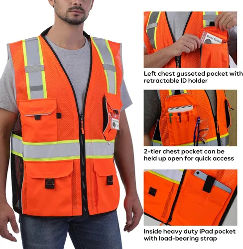 Miniatura 2 de Neopelta Chaleco de seguridad reflectante de malla naranja, chaleco resistente con bolsillo para identificación, cuello acolchado, fabricado