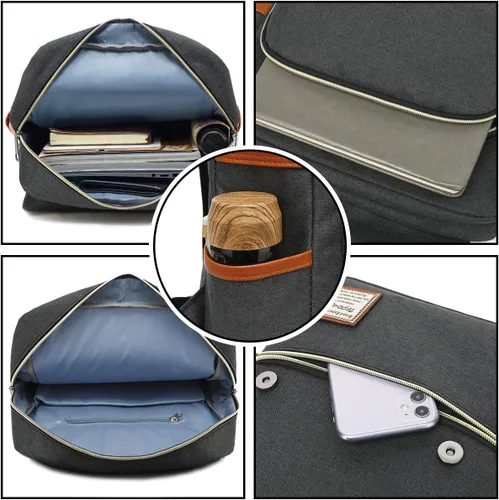Miniatura 3 de UGRACE - Mochila vintage para portátil con puerto de carga USB, elegante mochila de viaje resistente al agua, mochilas casuales para hombres y Negro