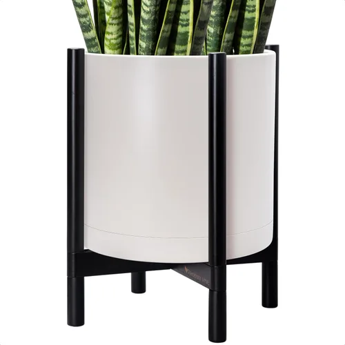 Miniatura 51 de Maceta de D'vine Dev con soporte - Maceta de flores de cilindro de plástico de 8.0 pulgadas con soporte de madera para interiores, maceta mate negra