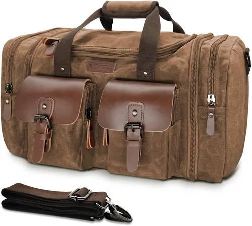 Miniatura 23 de Wildroad Bolsa de viaje de lona de 50L, bolsa de lona expandible de cuero genuino, bolsa de fin de semana mejorada para una noche, bolsa de mano
