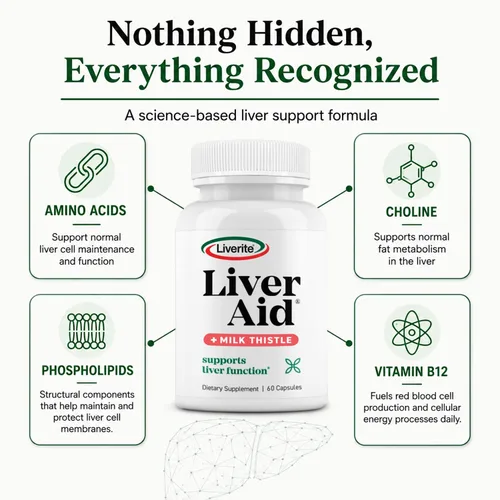Miniatura 6 de LIVERITE Ayuda hepática con cardo mariano 60 cápsulas, suplemento de apoyo hepático con aminoácidos, colina, cardo mariano y vitamina B12 - Apoya