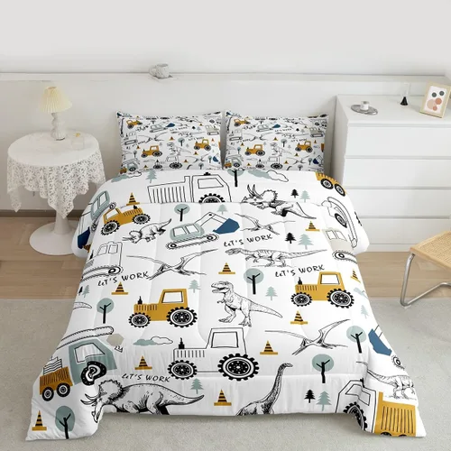 Miniatura 42 de Feelyou Juego de edredón de coche de dibujos animados para niños, edredón de construcción para niños, juego de ropa de cama de camiones y equipos