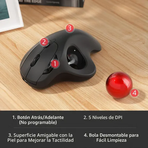 Miniatura 7 de Nulea Ratón Trackball Inalámbrico M501, Ergonómico Recargable, Control Fácil con el Pulgar, Seguimiento Preciso y Suave, Conexión de 3 Dispositivos