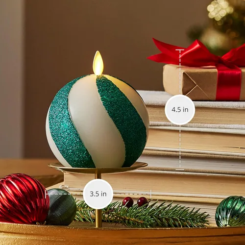 Miniatura 4 de Luminara - Vela de esfera de cuentas de cristal sin llama con purpurina para las fiestas - Bastón de caramelo verde - Paquete de 1 - 4x4.25