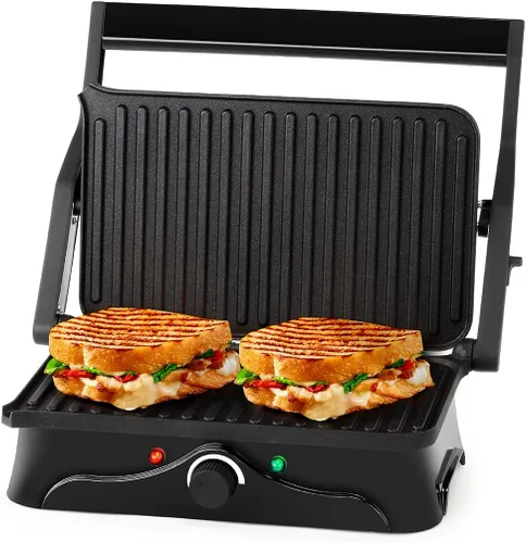 Holstein Housewares Prensa y parrilla Panini de 2 rebanadas, sandwichera de acero inoxidable negro con revestimiento antiadherente, control de