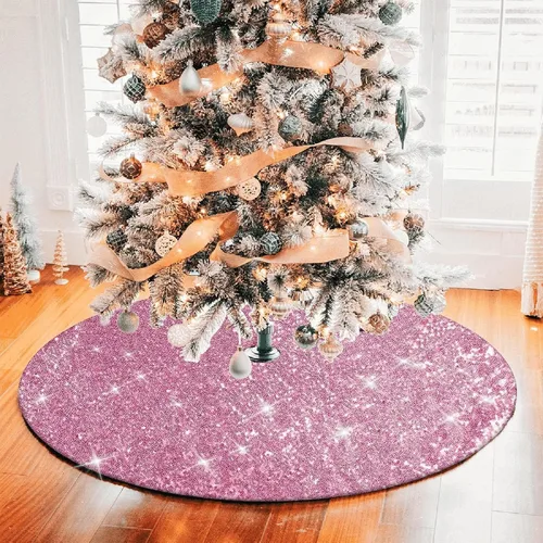 Miniatura 6 de Falda de Árbol de Navidad Rosa, Falda de Árbol de Lentejuelas Brillantes Rosa de 36 Pulgadas, Alfombrillas de Árbol de Navidad de Purpurina