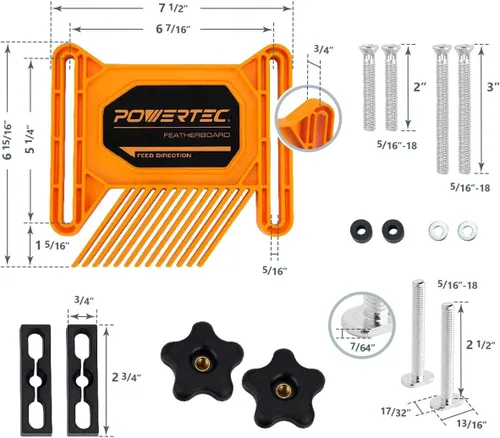 Miniatura 6 de POWERTEC Tabla de plumas en tándem y palo de empuje en L para sierra de mesa, mesa de enrutador, cepilladoras y ensambladoras. El empujador