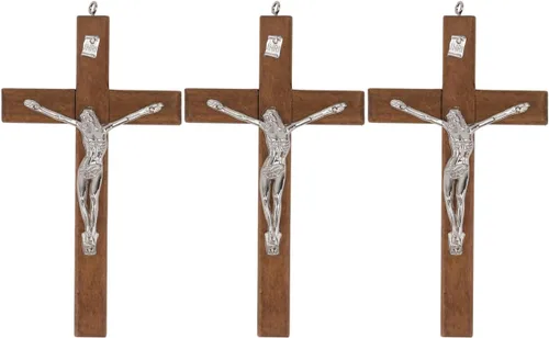 BESTOYARD Arte de pared de madera, paquete de 3 – Medalla de 5 pulgadas con cruz de crucifijo pequeño y cruz católica colgante – Regalo religioso y