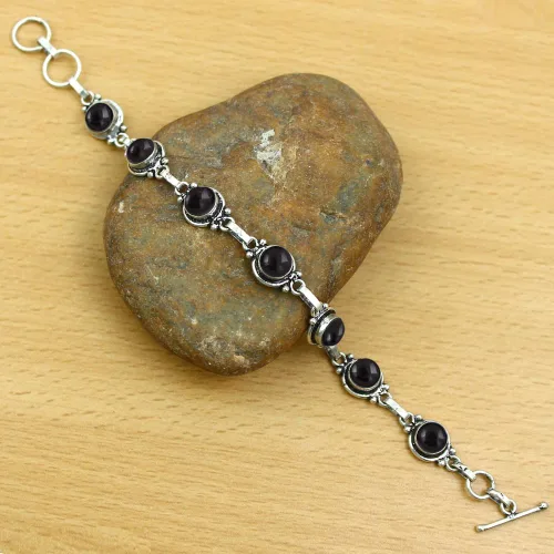 Miniatura 11 de Round Shape Natural & Synthetic Gemstones Silver Plated Bracelets for Women - Vintage Bohemian Style Handmade Birthstone Adjustable Link Bracelet