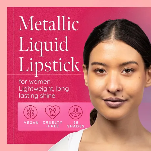 Miniatura 2 de Aromi Lápiz labial líquido metálico A prueba de manchas y de larga duración, marrón claro, color de labios tostado con acabado brillante, vegano
