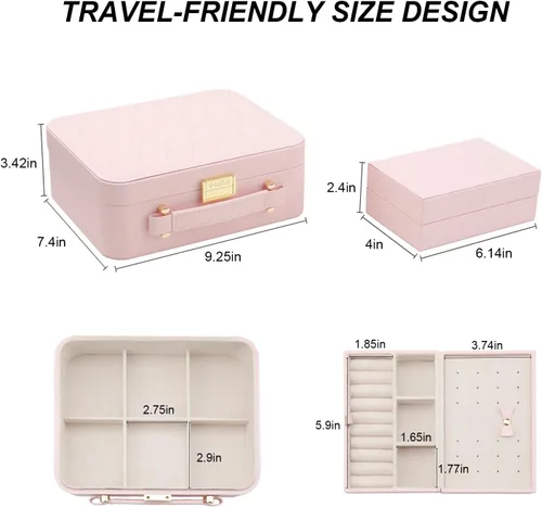 Miniatura 7 de Organizador de viaje grande para joyas, joyero de viaje grande con bandeja de joyería extraíble, cajas de joyería de 2 capas para mujer, rosa