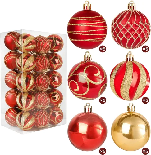 Juego de 30 adornos de bola de árbol de Navidad, rojo y dorado, bolas decorativas de plástico inastillables de colores, decoraciones para decoración
