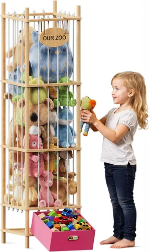 Brelley Organizador de almacenamiento de juguetes de madera para animales de peluche con cajón, cofre grande para juguetes con animal de peluche