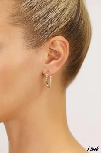 Miniatura 2 de 14k Gold Hand Engraved Diamond-cut Round Hoop Earrings -1'' Diameter