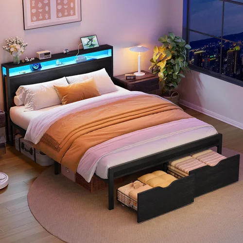 Miniatura 4 de FAVOOSTY Base de cama de tamaño matrimonial con cabecera de 2 niveles, plataforma de metal con 2 cajones de almacenamiento, luces LED y estación