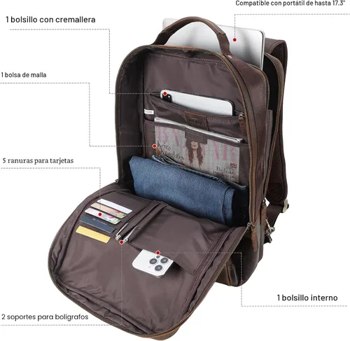 Miniatura 5 de TIDING Mochila para portátil de cuero de grano completo de 17.3 pulgadas para hombres, maletín de negocios convertible para fin de semana, bolsa