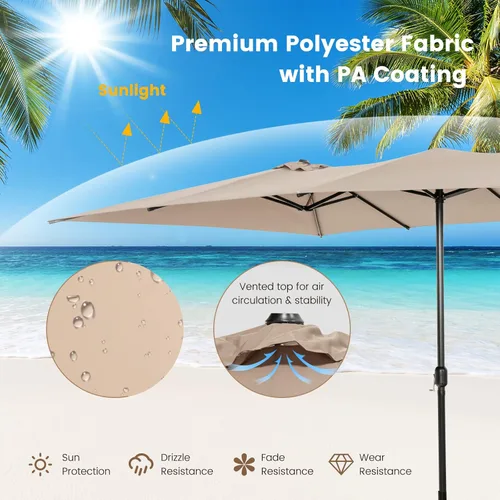 Miniatura 7 de Tangkula Sombrilla de patio de doble cara de 15 pies con manivela, parte superior ventilada, sombrilla rectangular grande para exteriores con Café
