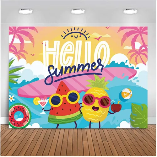 Fondo de fotografía de Hello Summer de 7 x 5 pies, tema de Hawaii, palmera tropical, fruta del océano, dibujos animados, amigos, fiesta de