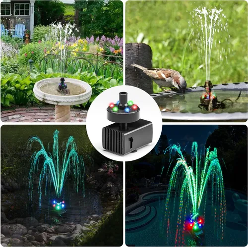 Miniatura 5 de Jutai Fuentes de baño eléctricas para pájaros que funcionan las 24 horas, bomba de fuente de agua silenciosa ajustable con luces LED para jardín