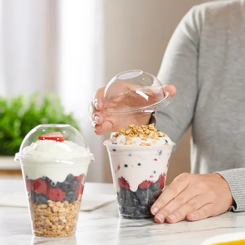 Miniatura 5 de GUSTO [12 oz - 50 unidades de vasos de plástico transparentes con tapas de cúpula (sin agujero), tazas de frutas con tapas para fiestas - Perfectas