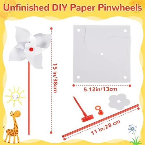 Miniatura 2 de Simgoing 200 molinetes de bricolaje para niños, papel de recuerdo de fiesta, kits de manualidades de verano, molinetes blancos a granel