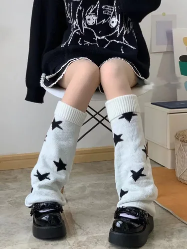 Miniatura 5 de Star Graphic - Calentadores de piernas para mujer, calcetines altos de punto gótico Y2k, estilo grunge, punk, calcetines de invierno japoneses Negro