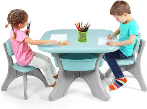 HONEY JOY Juego de mesa y silla para niños, mesa de actividades de plástico para niños y 2 sillas con contenedores de almacenamiento, juego de Verde