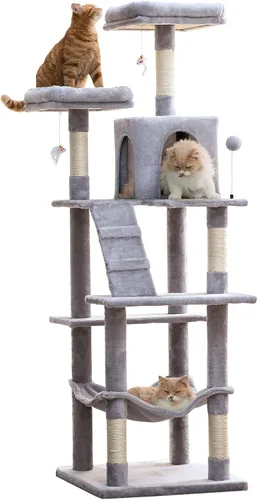 Miniatura 26 de MWPO - Árbol para gatos, multiestructura para gatos grandes con postes rascadores de sisal, plataforma acolchada, hamaca y condominio, torre Marrón