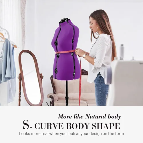 Miniatura 6 de Formularios de vestido para costura, maniquí femenino morado ajustable tamaño 12-18, cuerpo de modelo con 13 diales y guía de dobladillo de 360