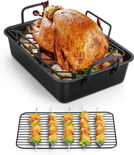 TeamFar Bandeja para Asar, Bandeja Antiadherente Profunda de 14" para Lasaña Brownie Pavo con Rejilla en Forma de V y Rejilla de Enfriamiento, con