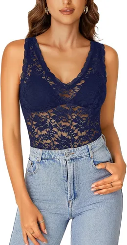 Miniatura 18 de Rooscier - Blusa sin mangas para mujer, con encaje floral, cuello en V, con volantes, transparente, sin sujetador