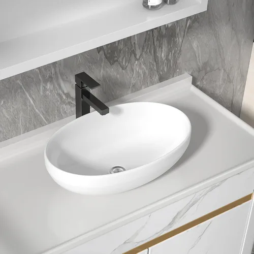 Miniatura 16 de Fregadero de recipiente blanco redondo - Fulorni 33x33 cm Lavabo de baño de cerámica de porcelana con borde dorado sobre encimera, fregadero