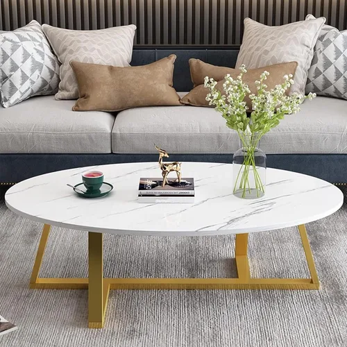 Miniatura 10 de Wolawu Mesa de centro ovalada dorada de vidrio para sala de estar, mesas de té modernas con marco de metal dorado para espacios pequeños, mesa