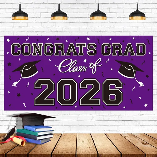 Miniatura 10 de Telón de fondo de plástico para fiesta de graduación 2026, 65 x 32.7 pulgadas, pancarta de felicitaciones graduadas en negro, decoraciones de clase