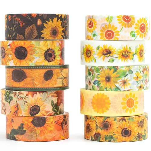 Juego de 10 rollos de cinta washi de girasol, estampado floral, cintas decorativas para manualidades, diarios, planificadores, álbumes de recortes,