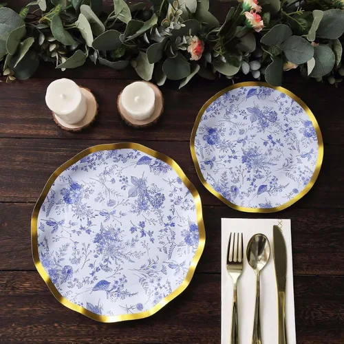 Miniatura 8 de Efavormart - Paquete de 25 platos de postre de papel chino chino azul y blanco con borde ondulado dorado de 11.32 oz/m² para recepciones y fiestas