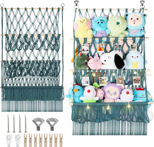 Miniatura 29 de Red de almacenamiento de animales de peluche de 2 niveles, 17 x 32 pulgadas, organizador grande de animales de peluche para pequeños rellenos