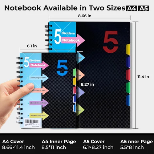 Miniatura 3 de CAGIE Cuaderno de 5 asignaturas con divisores, 220 páginas, cuadernos en espiral con pestañas de 5 x 7 pulgadas, cuaderno encuadernado en espiral A5