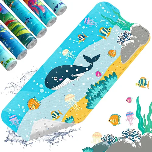 Miniatura 15 de XIYUNTE Tapete de baño para bebé, para niños, 40 x 16 pulgadas, extralargo, antideslizante, de caricaturas, para tina o ducha, con ventosas