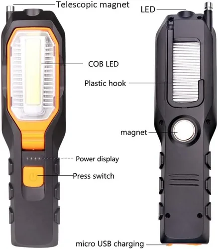 Miniatura 4 de Luz de trabajo recargable LED, linterna USB portátil de mano con lámpara de trabajo magnética, imán y gancho, 4 modos para auto, camión, garaje